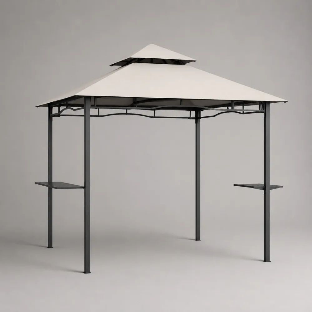 Tonnelle de jardin carrée 300 x 300 x 270 cm en acier avec toit en polyester beige et 2 tablettes