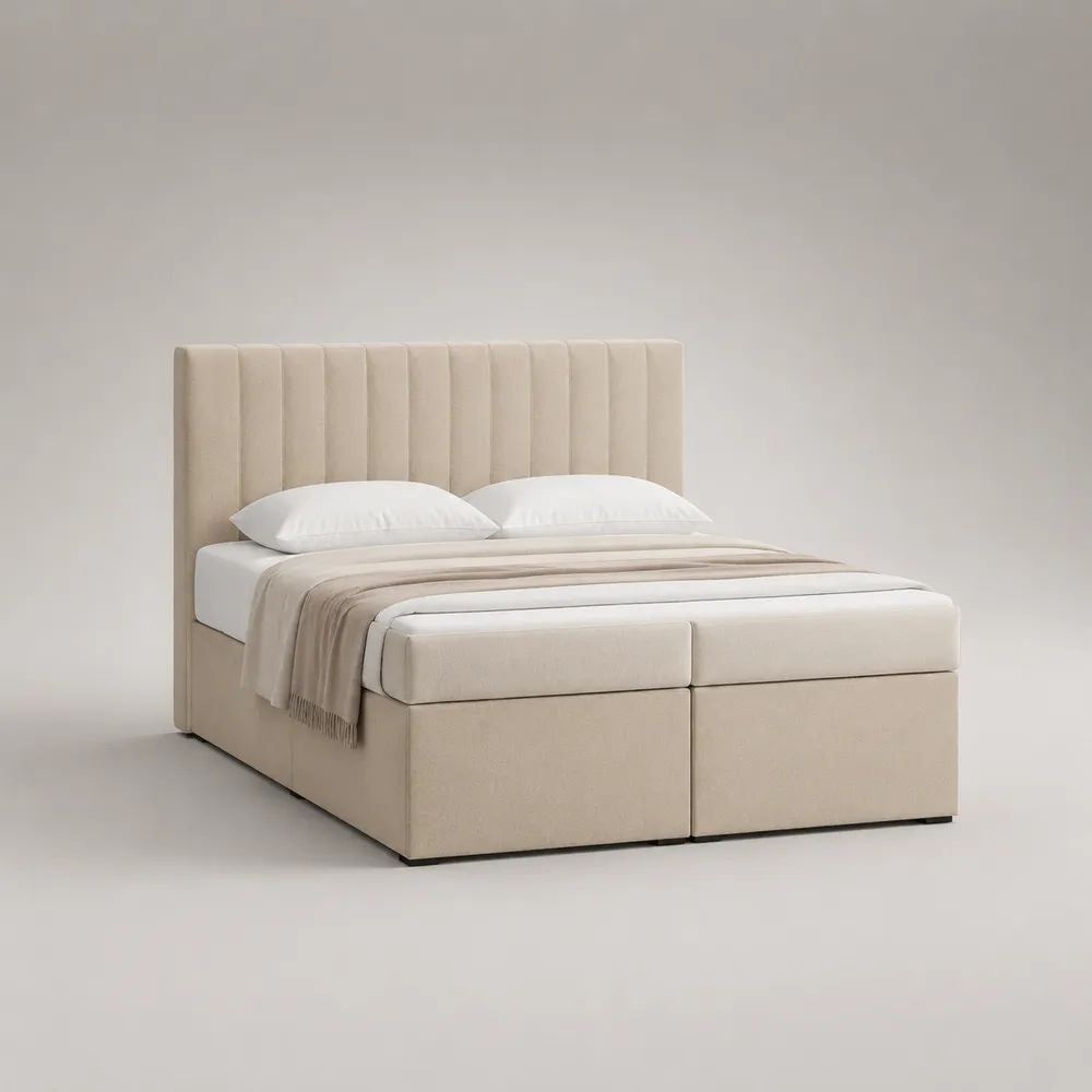 Lit continental double en polyester beige avec tête de lit et 2 matelas à ressorts ensachés, couchage 160 x 200 cm, dimensions 170 x 210 x 120 cm