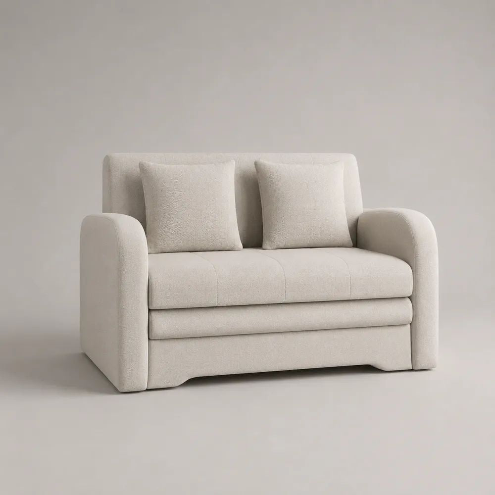 Canapé convertible 2 places en tissu bouclette crème, 150 × 90 × 85 cm, couchage 114 × 190 cm