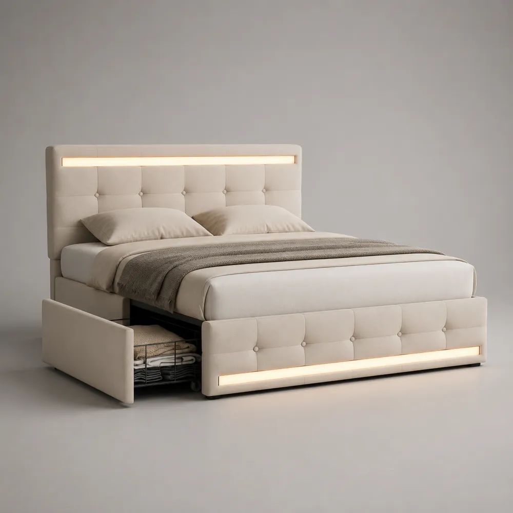 Lit double rembourré beige 160 x 200 cm avec tiroir latéral, sommier à lattes et éclairage DEL