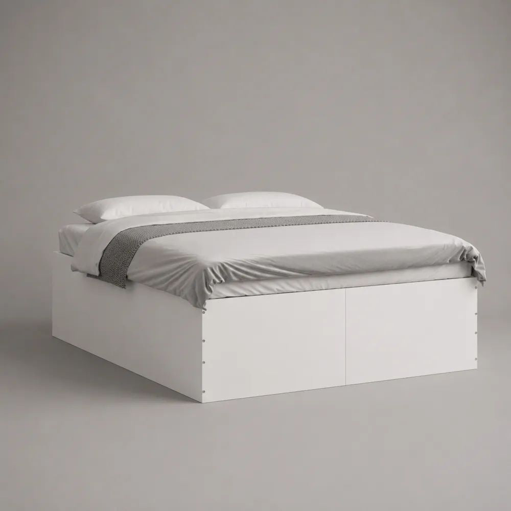 Cadre de lit double plateforme 160 x 200 cm en panneaux de particules blanc, 204 x 164 x 45 cm, sans tête de lit