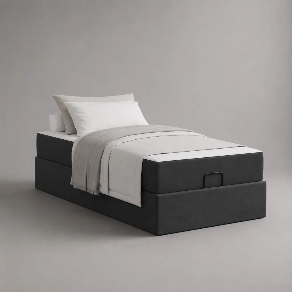 Lit coffre simple 90 x 190 cm avec rangement, cadre rembourré en polyester, bois et acier, gris anthracite