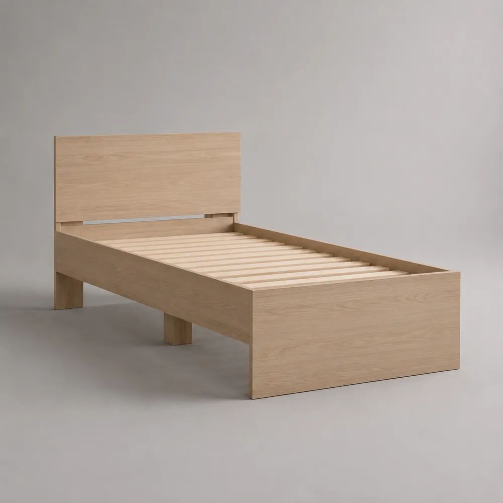Lit simple en bois 90 x 190 cm avec sommier à lattes, tête et pied de lit, chêne clair, 200 x 96 x 100 cm