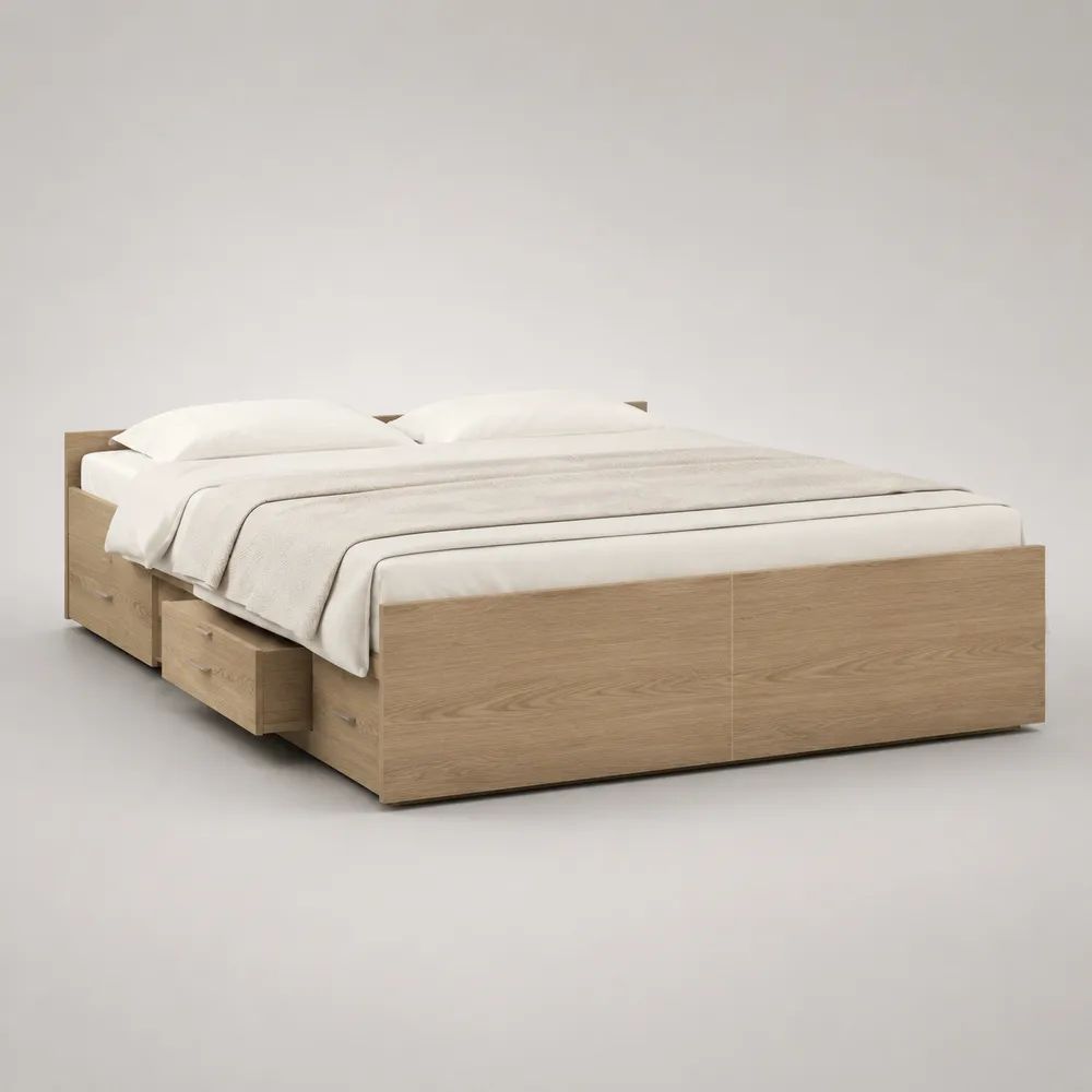Lit double en bois avec 4 tiroirs, finition chêne clair, couchage 160 × 200 cm, dimensions 206 × 166 × 80 cm