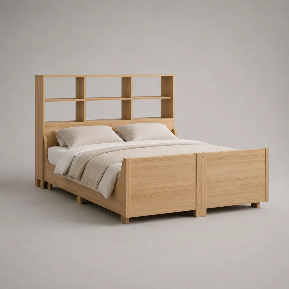 Lit double en bois 140 x 190 cm avec tête de lit bibliothèque, chêne naturel, dimensions totales 216 x 151 x 180 cm