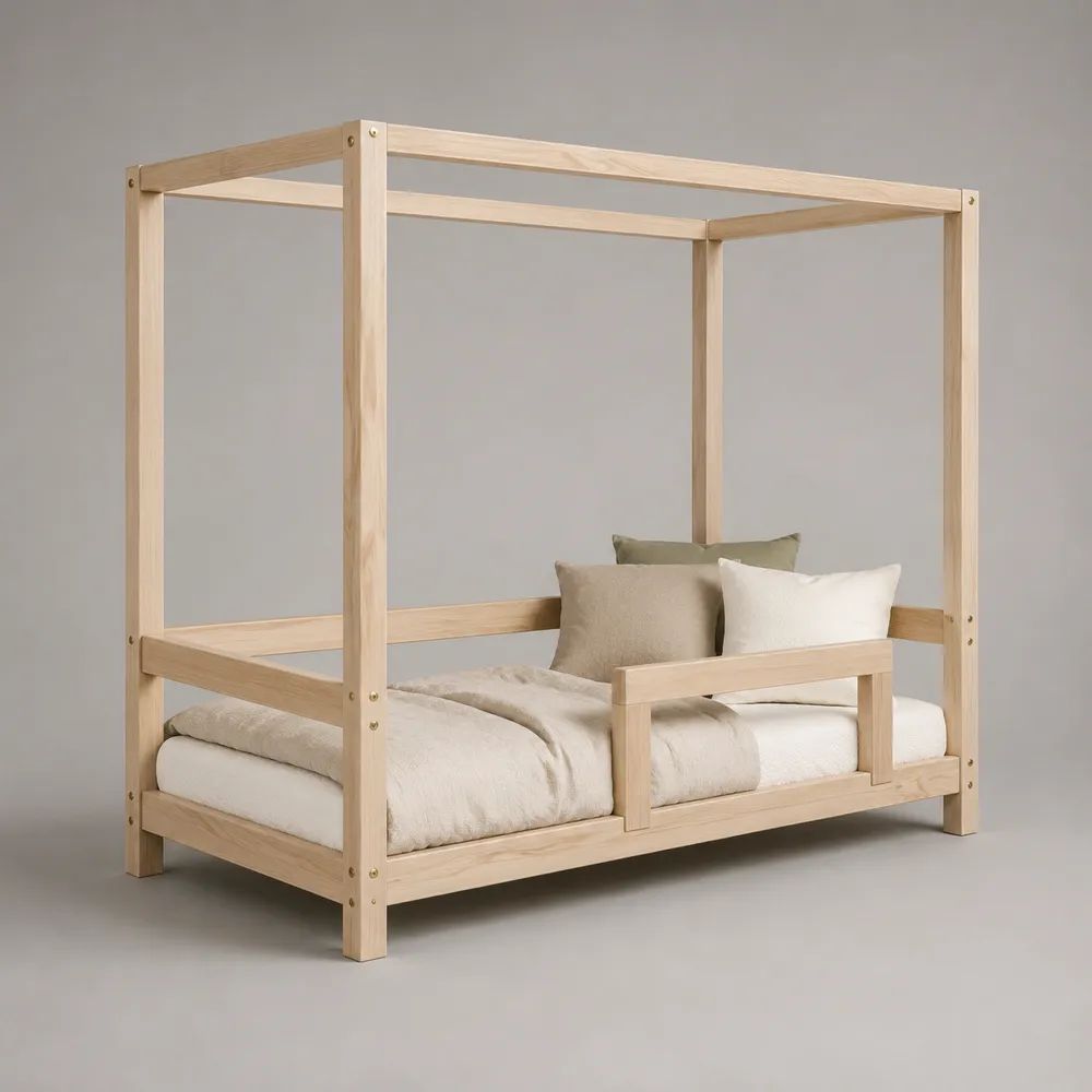 Lit cabane enfant en bois naturel avec barrières et sommier à lattes, couchage 90 × 200 cm, dimensions 208 × 98 × 180 cm