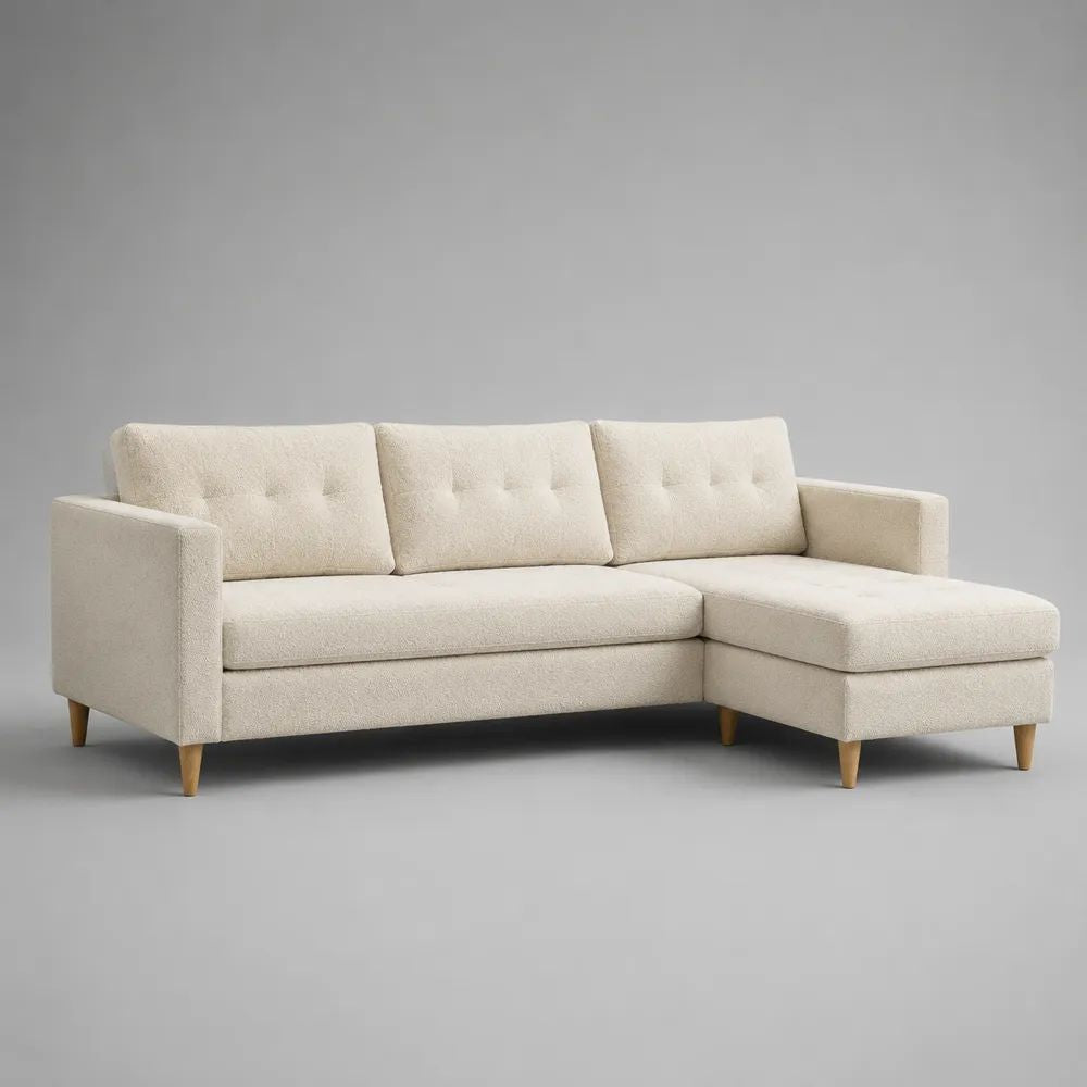 Canapé d’angle 3 places en tissu bouclette crème avec méridienne droite, 222 × 145 × 84 cm