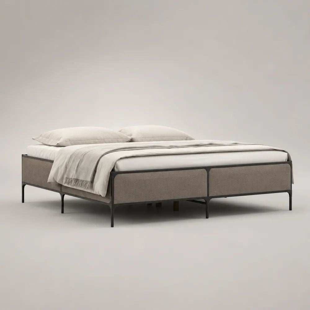 Lit double 160 x 200 cm sans tête de lit, cadre en acier noir et panneaux rembourrés en tissu taupe, 208 x 168 x 43 cm