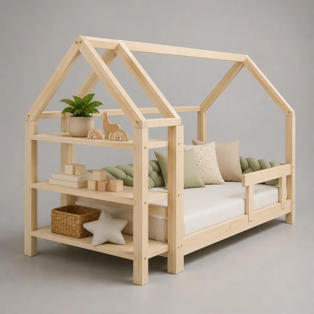 Lit cabane enfant en pin massif beige naturel avec étagère à 3 niveaux et barrière, couchage 90 x 190 cm, dimensions 238 x 104 x 180 cm