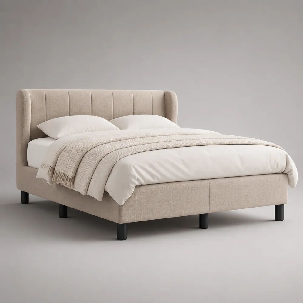 Lit double rembourré 160 x 200 cm en bois et métal, tissu beige, tête de lit à canaux verticaux, 176 x 216 x 110 cm