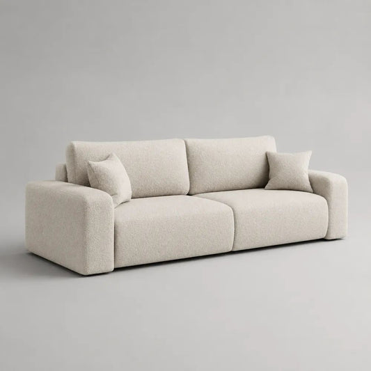 Canapé rectangulaire 3 places en tissu crème avec 2 coussins, 220 × 100 × 85 cm