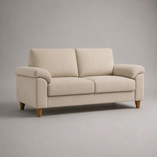 Canapé droit 2 places en tissu beige avec pieds en bois brun naturel, L 170 x P 90 x H 88 cm