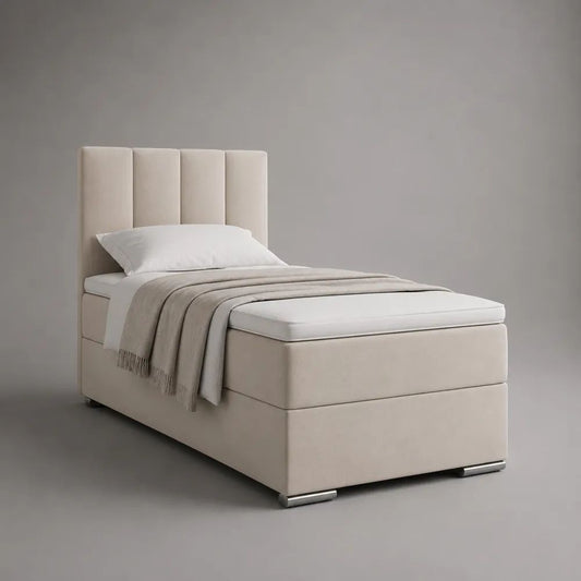 Lit continental 1 place en tissu beige avec tête de lit rembourrée, matelas à ressorts ensachés et surmatelas, couchage 90 × 200 cm