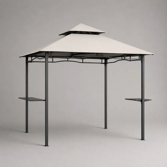 Tonnelle de jardin carrée 300 x 300 x 270 cm en acier avec toit en polyester beige et 2 tablettes