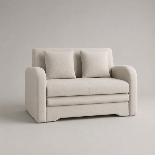 Canapé convertible 2 places en tissu bouclette crème, 150 × 90 × 85 cm, couchage 114 × 190 cm
