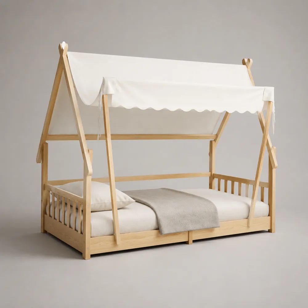 Lit cabane enfant en bois naturel avec ciel de lit blanc, couchage 90 x 200 cm