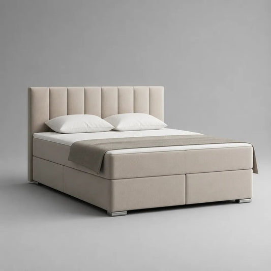 Lit boxspring 2 places en polyester beige avec matelas à ressorts ensachés et tête de lit, couchage 160 × 200 cm