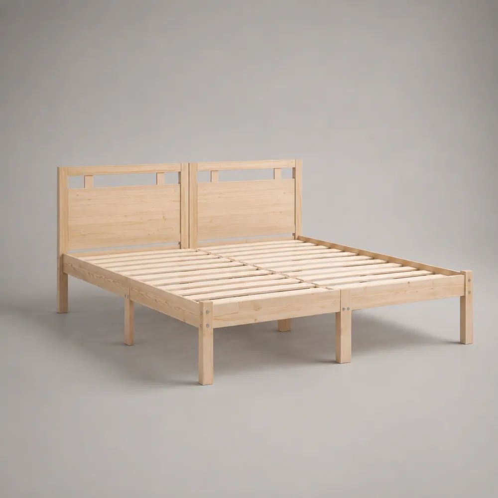 Lit double 180 × 200 cm, ensemble de 2 cadres en pin massif beige naturel avec sommiers à lattes et têtes de lit
