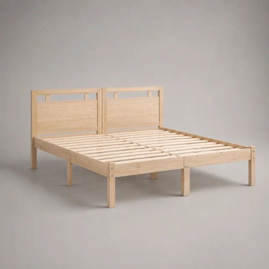 Lit double 180 × 200 cm, ensemble de 2 cadres en pin massif beige naturel avec sommiers à lattes et têtes de lit