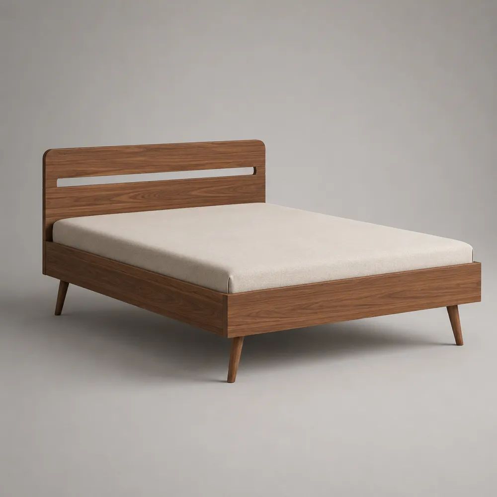 Lit double 160 × 200 cm avec sommier à lattes, MDF plaqué noyer marron