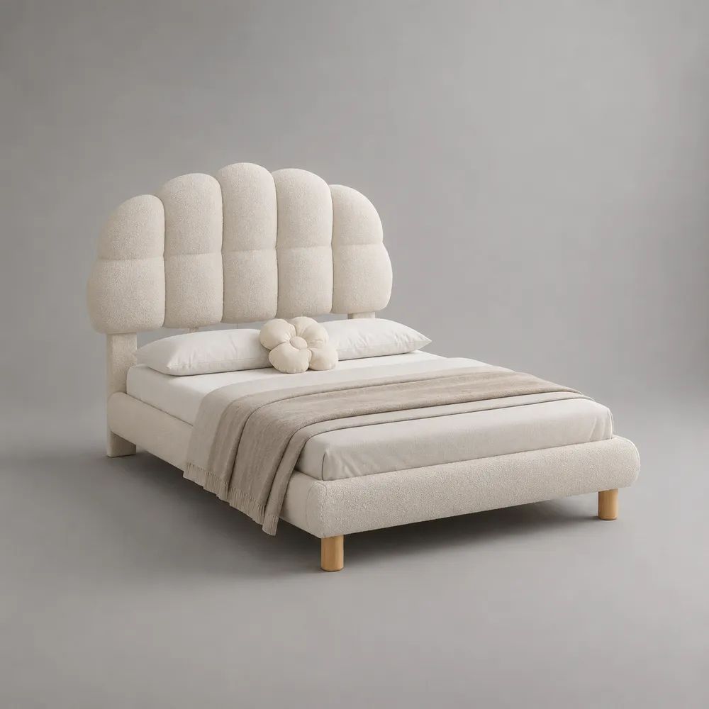 Lit double 160 x 200 cm en tissu bouclé crème avec tête de lit festonnée, 178 x 220 x 150 cm