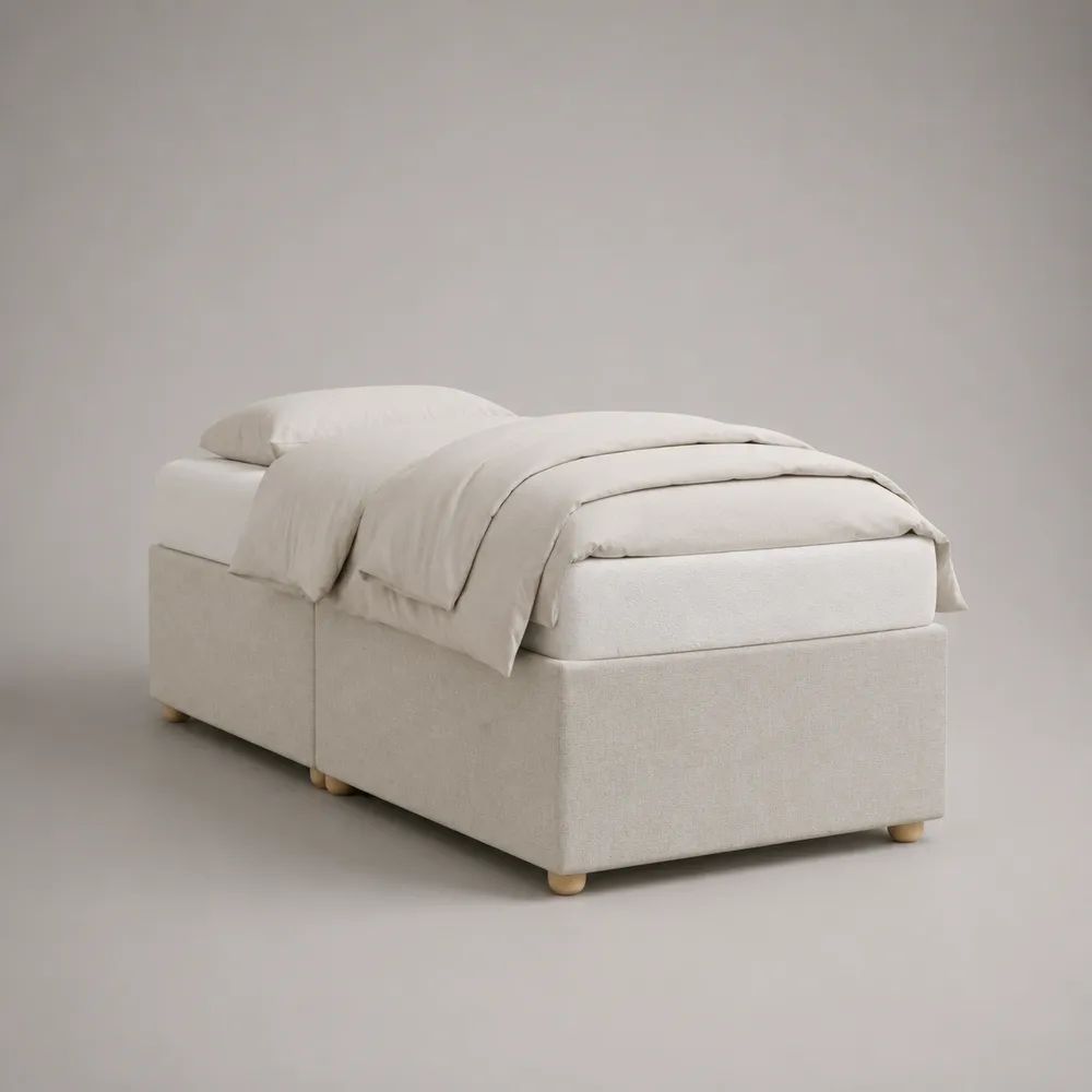 Lit simple rembourré en tissu blanc cassé avec matelas en mousse, couchage 90 × 190 cm, dimensions 200 × 100 × 60 cm