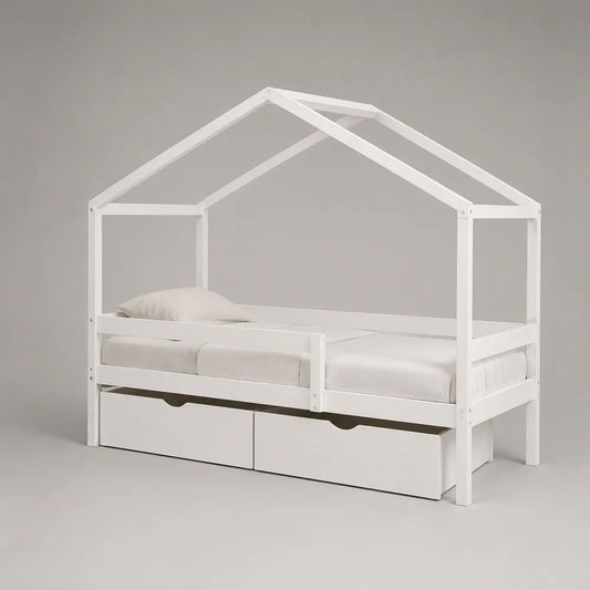 Lit cabane enfant 90 x 190 cm en pin massif blanc avec sommier à lattes, barrière et 2 tiroirs
