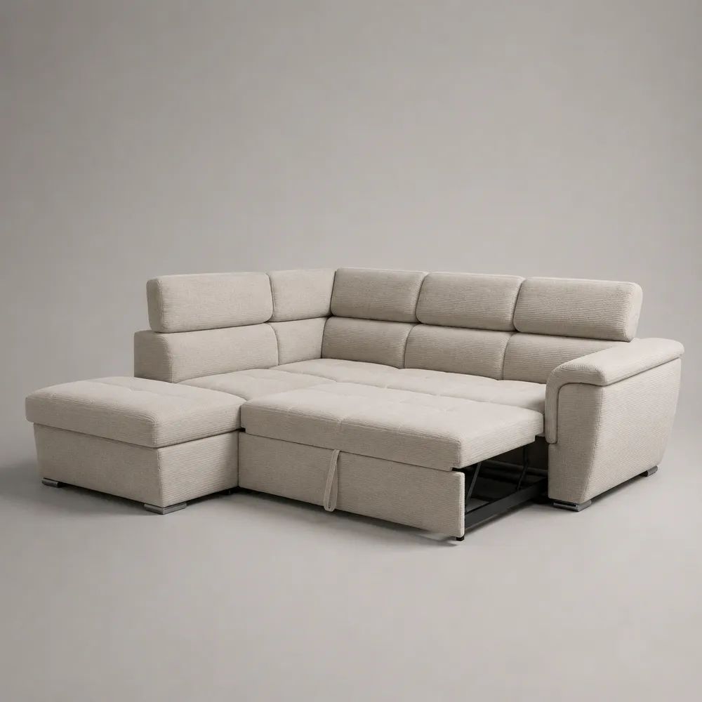 Canapé d’angle convertible 4 places en velours côtelé polyester, méridienne gauche, beige, 260 × 165 × 95 cm