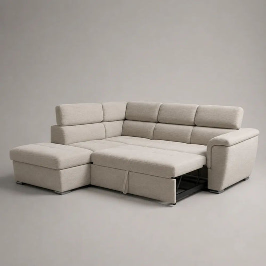 Canapé d’angle convertible 4 places en velours côtelé polyester, méridienne gauche, beige, 260 × 165 × 95 cm
