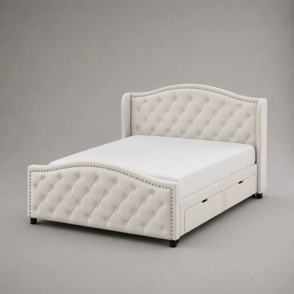 Lit double 140 x 190 cm avec cadre rembourré capitonné et 2 tiroirs, blanc cassé, 153 x 212 x 118 cm