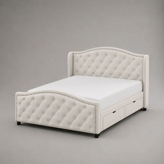 Lit double 140 x 190 cm avec cadre rembourré capitonné et 2 tiroirs, blanc cassé, 153 x 212 x 118 cm