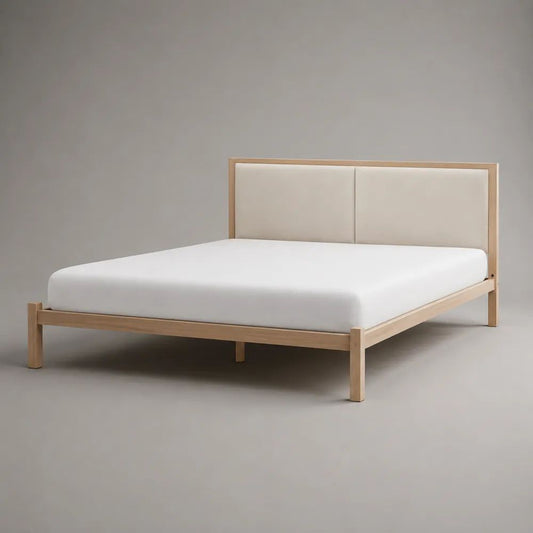 Cadre de lit double 160 × 200 cm en bois massif naturel avec tête de lit rembourrée beige