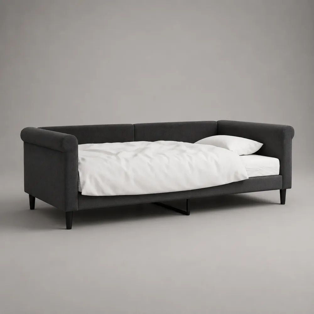 Lit banquette 1 place rembourré en polyester anthracite, couchage 90 × 200 cm, dimensions 212 × 100 × 84 cm