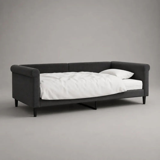Lit banquette 1 place rembourré en polyester anthracite, couchage 90 × 200 cm, dimensions 212 × 100 × 84 cm