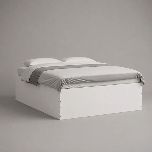 Cadre de lit double plateforme 160 x 200 cm en panneaux de particules blanc, 204 x 164 x 45 cm, sans tête de lit