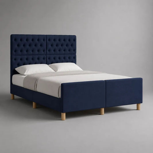 Lit double capitonné 160 x 200 cm en velours polyester bleu marine avec tête et pied de lit, 172 x 216 x 145 cm