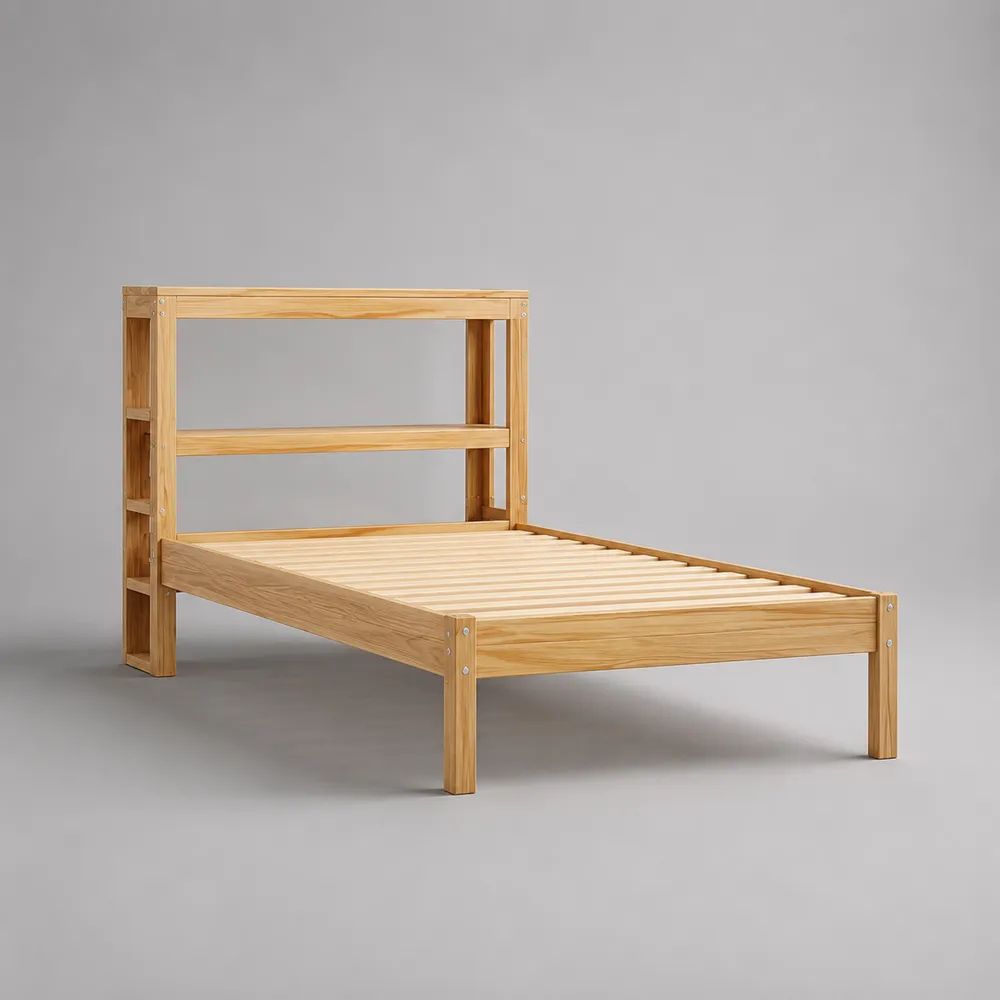 Lit simple en pin massif avec sommier à lattes et tête de lit étagère, brun naturel, couchage 90 × 190 cm