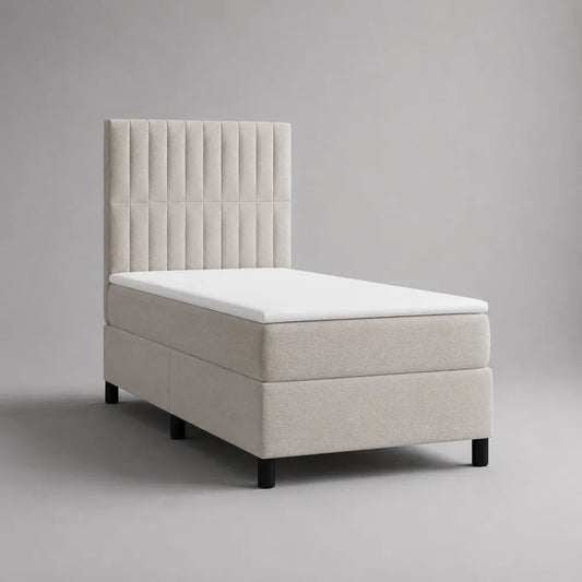 Lit à sommier tapissier 1 place en tissu crème avec matelas, surmatelas et tête de lit, couchage 90 × 200 cm, dimensions 210 × 100 × 130 cm