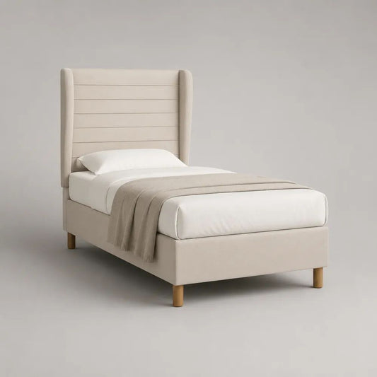 Lit simple 90 × 190 cm avec cadre rembourré en polyester beige et tête de lit à oreilles, 205 × 105 × 140 cm