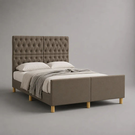 Lit double capitonné en tissu taupe avec sommier à lattes, couchage 160 × 200 cm, dimensions 170 × 218 × 145 cm