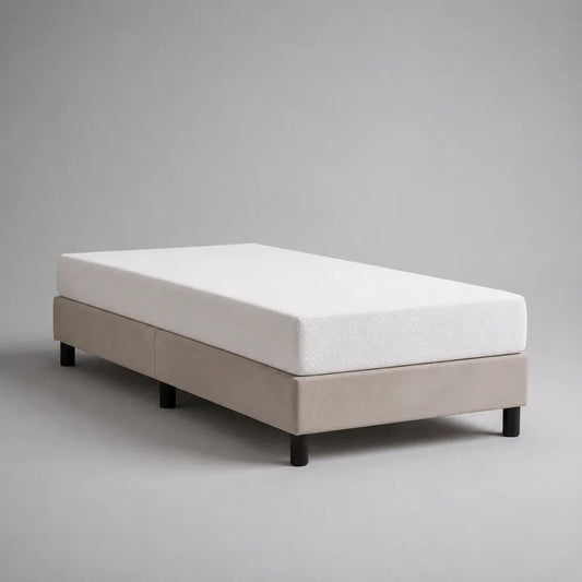 Ensemble lit simple 90 x 190 x 53 cm avec sommier tapissier beige, matelas en mousse blanc et pieds noirs