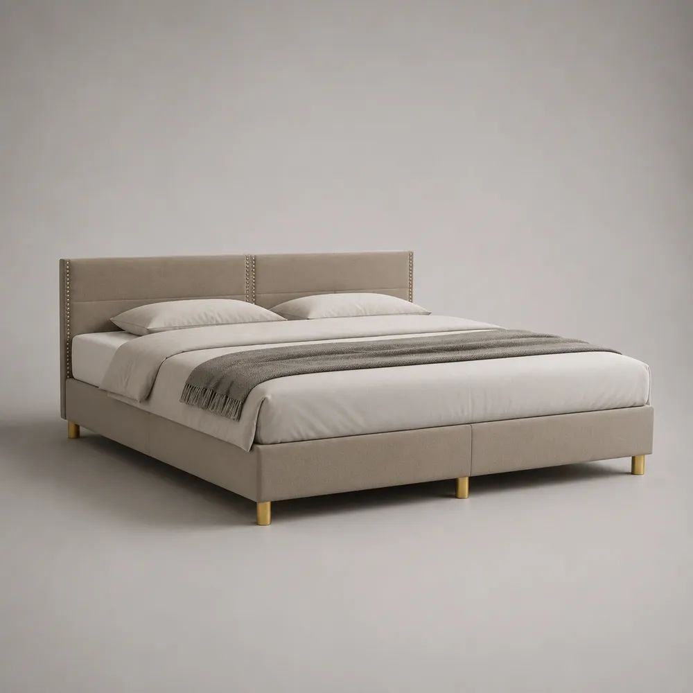 Lit double rembourré en velours polyester beige et métal doré, couchage 160 x 200 cm, dimensions 170 x 215 x 110 cm