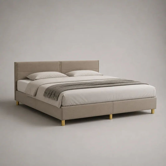 Lit double rembourré en velours polyester beige et métal doré, couchage 160 x 200 cm, dimensions 170 x 215 x 110 cm