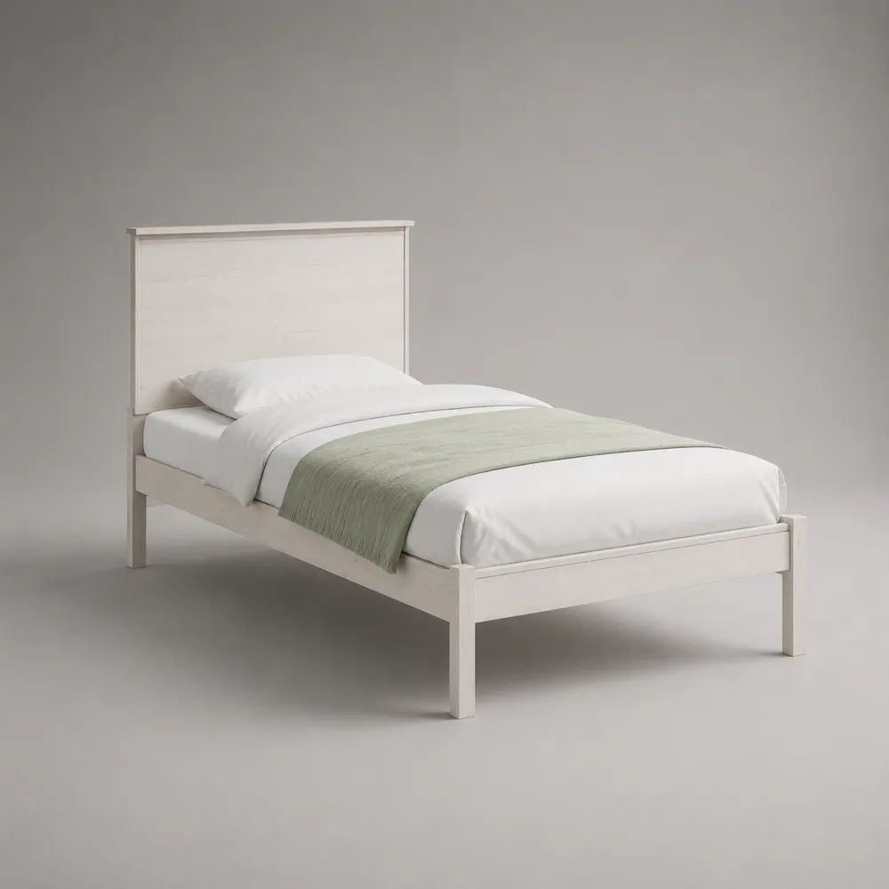 Lit simple blanc en bois avec sommier à lattes, couchage 90 × 190 cm, dimensions 199 × 98 × 110 cm