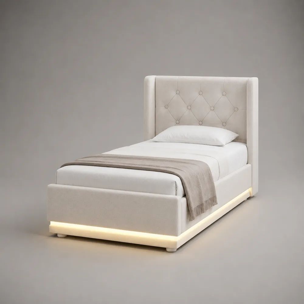Lit simple rectangulaire rembourré en velours polyester blanc cassé avec tête de lit capitonnée et éclairage LED, 105 × 216 × 120 cm, couchage 90 × 200 cm