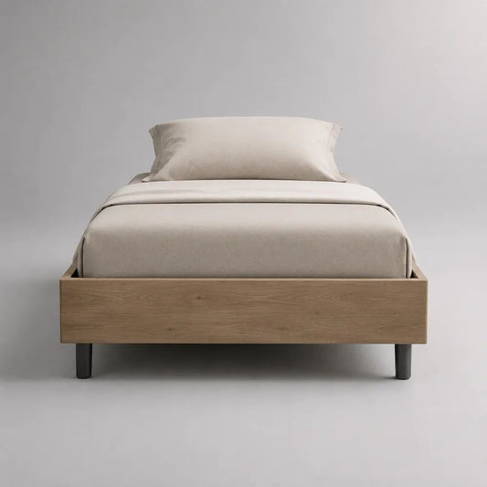 Cadre de lit simple 90 × 190 cm en MDF plaqué chêne et pin massif, 198 × 96 × 35 cm, chêne naturel et noir