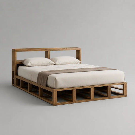 Cadre de lit double 160 × 200 cm en pin massif brun avec tête de lit et rangements ouverts, 220 × 180 × 110 cm