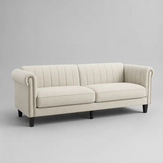 Canapé 3 places en velours polyester crème avec accoudoirs arrondis, 205 × 83 × 82 cm