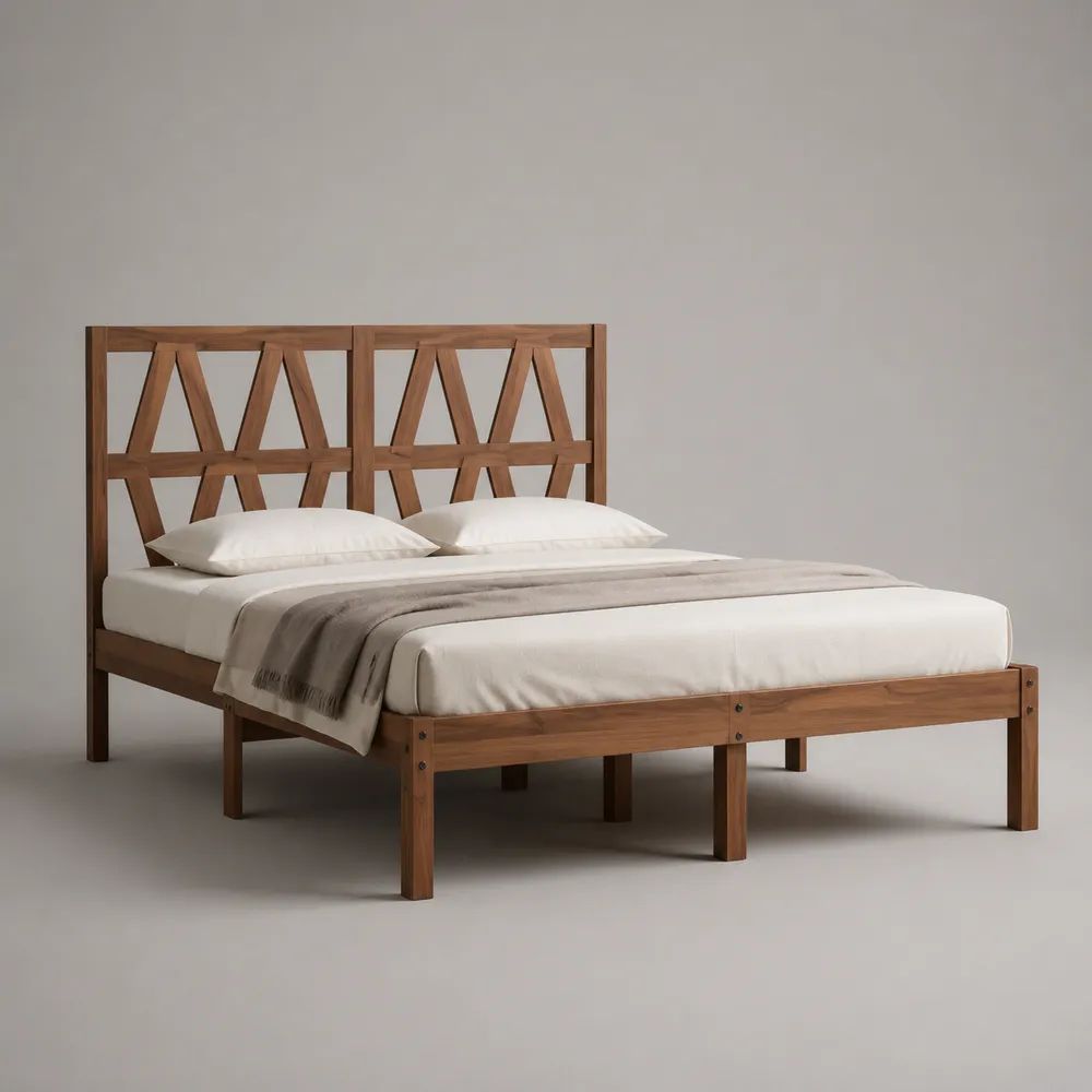 Lit double 160 × 200 cm en pin massif avec tête de lit géométrique, brun noyer