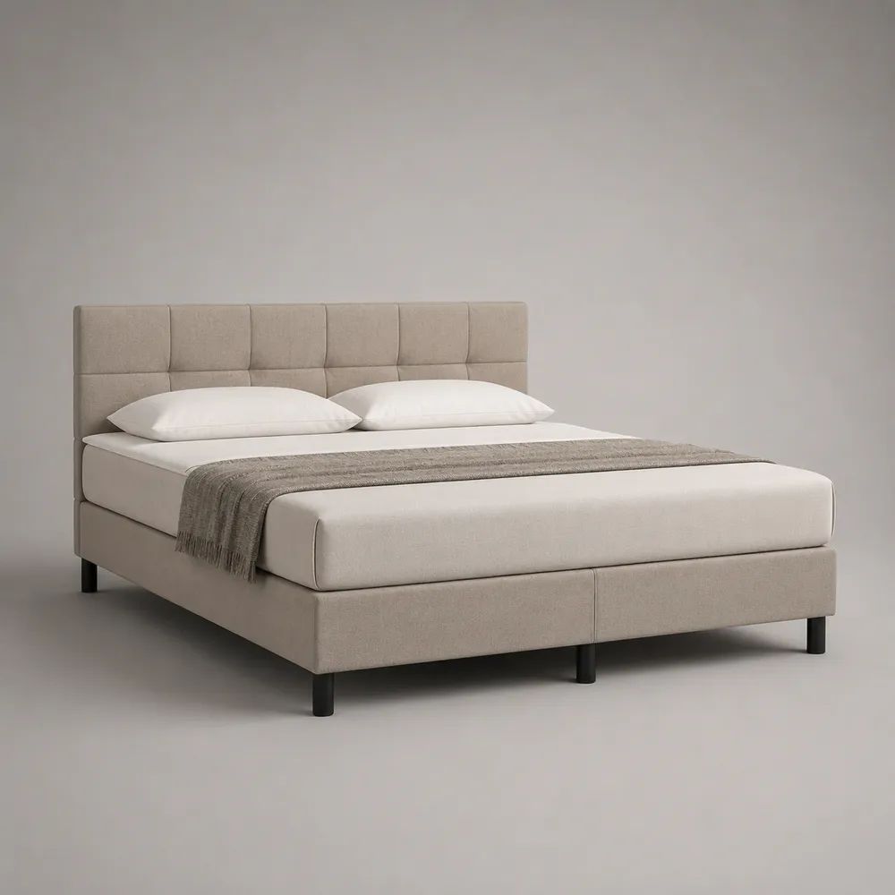 Lit double rembourré 160 × 200 cm en tissu beige avec tête de lit à panneaux et pieds en métal noir